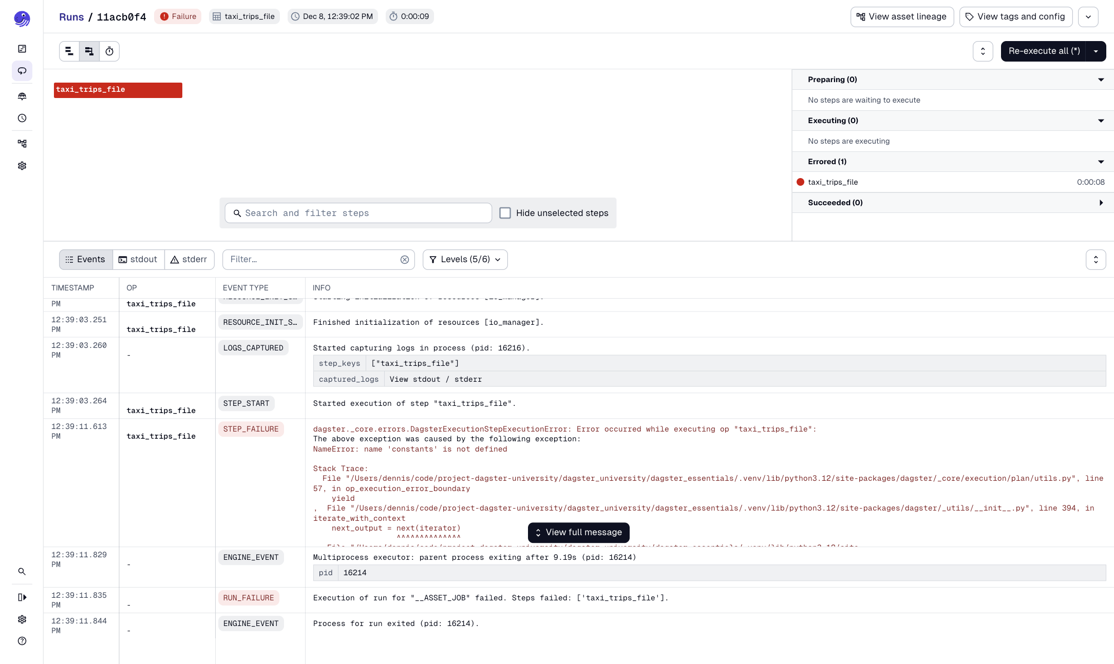 Run details page showing a run failure